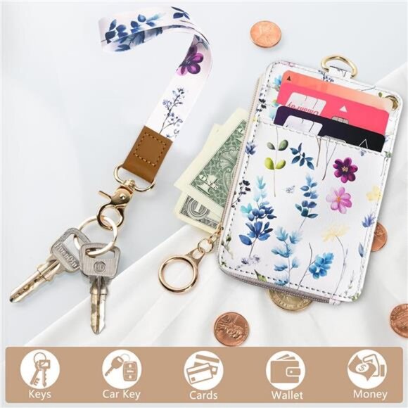 2-in-1 ID Badge Holder & Lanyard Wallet for Womens Cute Floral Zipper - Picture 3 of 7